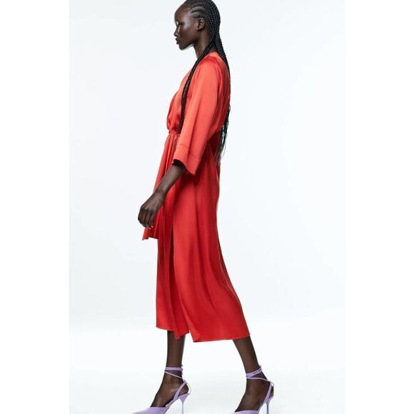 ZARA RED SATIN MIDI DRESS NEW - Picture 8 of 10